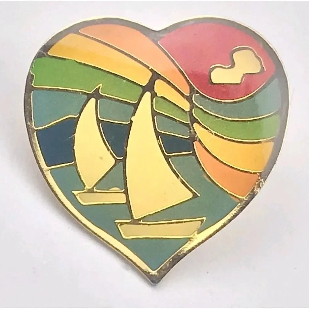 Heart Shaped Rainbow Sailboats Vintage Pin Brooch Hippie Pride Nautical LGBT